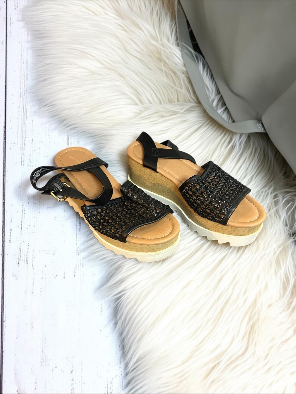 Universal Thread Black Woven Platform Wedges with Tan Footbed